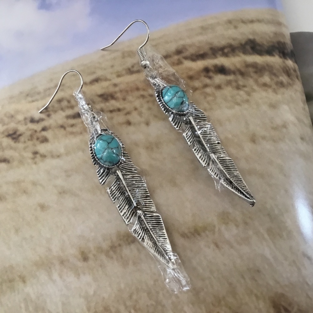 XZP Bohemian Feather Dangle Earrings with Blue Magnesite are New with Box!